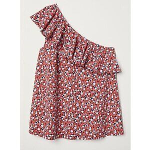 H&M One Shoulder Top Red White Navy Blue Floral Ruffle Trim 100% Cotton Tank 4XL